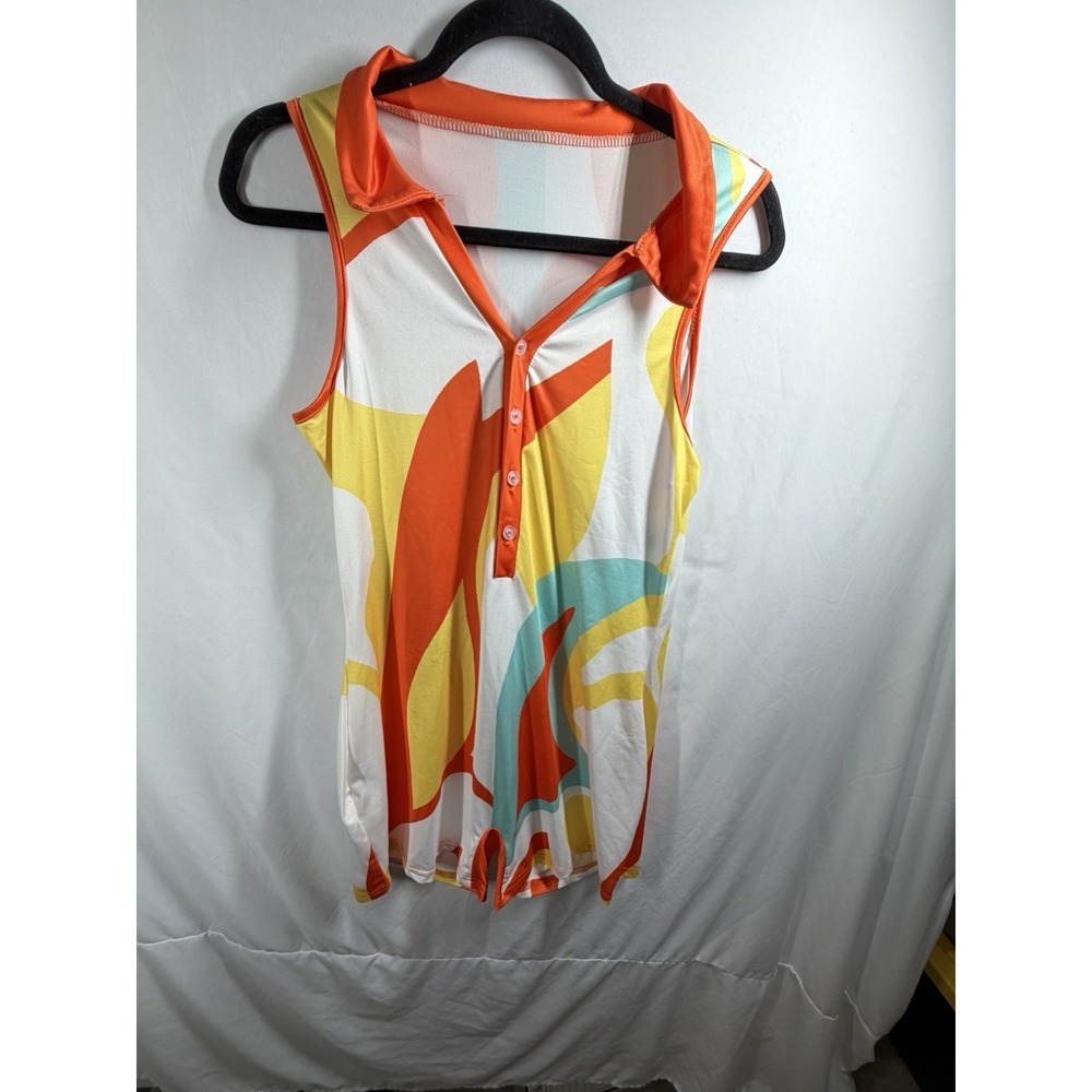 Retro 60s Mod Style Sleeveless Golf Polo Shirt Women's Abstract Print Orange L